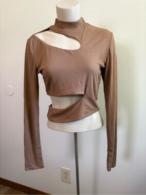 Princess Polly Tan Asymmetrical Long Sleeve  Crop Top With Cutout Size 10